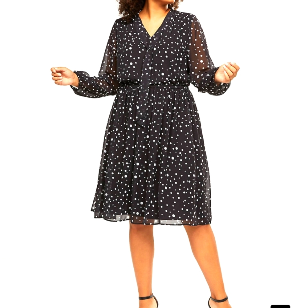 Lane Bryant Black Polka Dot Chiffon Tie-Waist Mini Dress